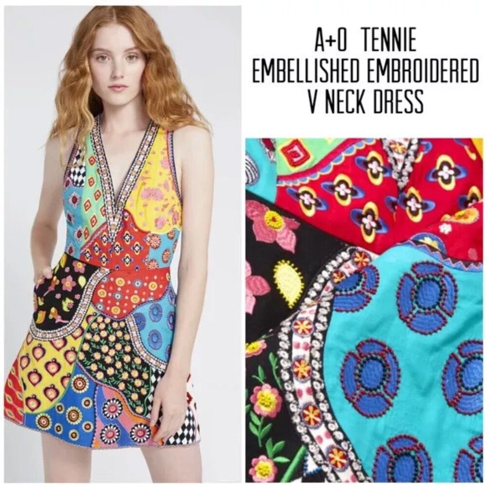 Alice + Olivia Tennie Patchwork Beaded Embroidery Sz 8 Halter Dress $995 NWT